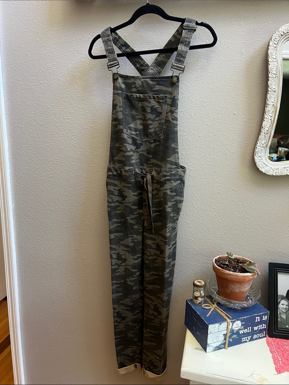 Women’s Camo Denim-Style Overalls with Adjustable Straps
